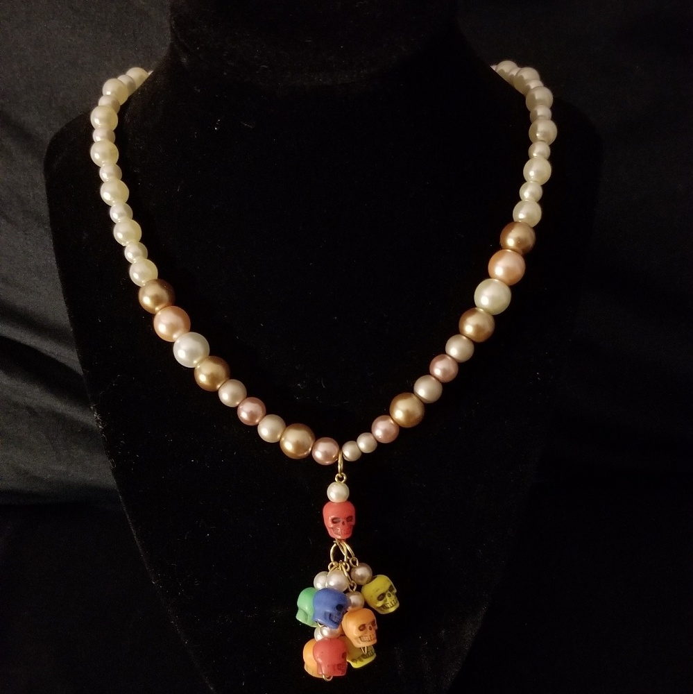 Gold Pearl Skull Dangle Necklace